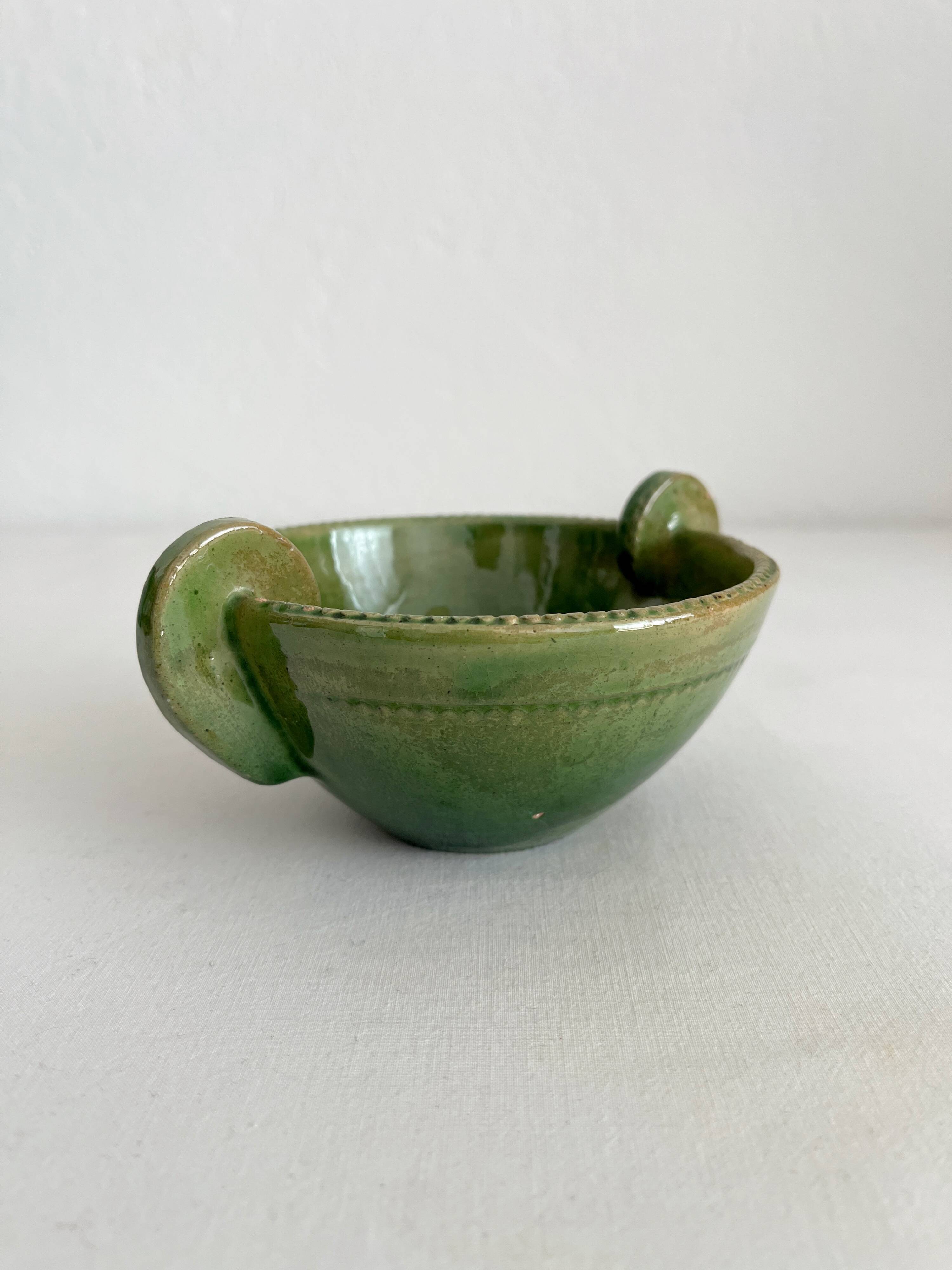 Antique green glazed ceramic bowl with handles, Tamegroute type