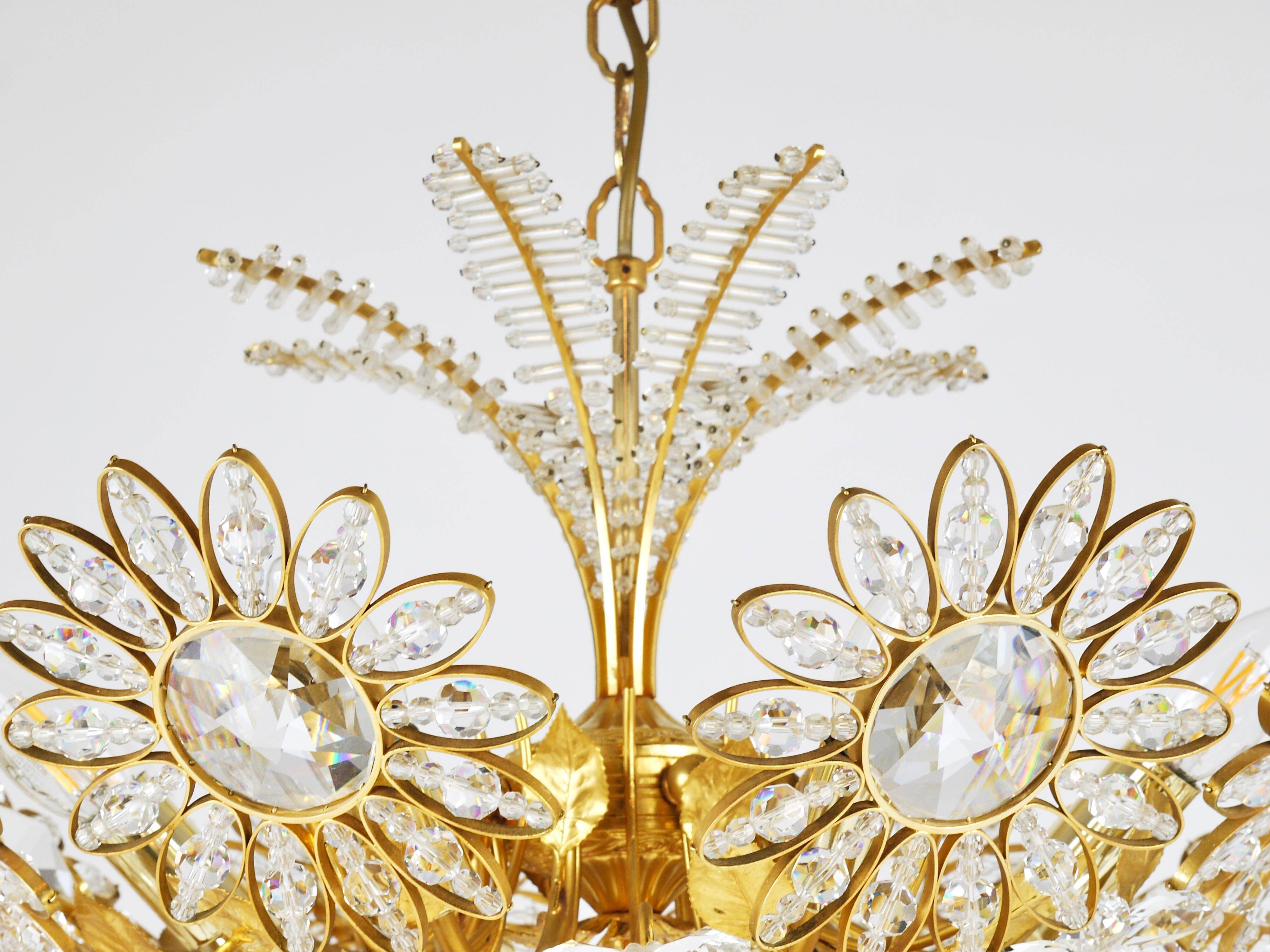 Ernst Palme Grand Chandelier Palm Tree Flower Palwa, Gilded Brass, Crystals, 1970s