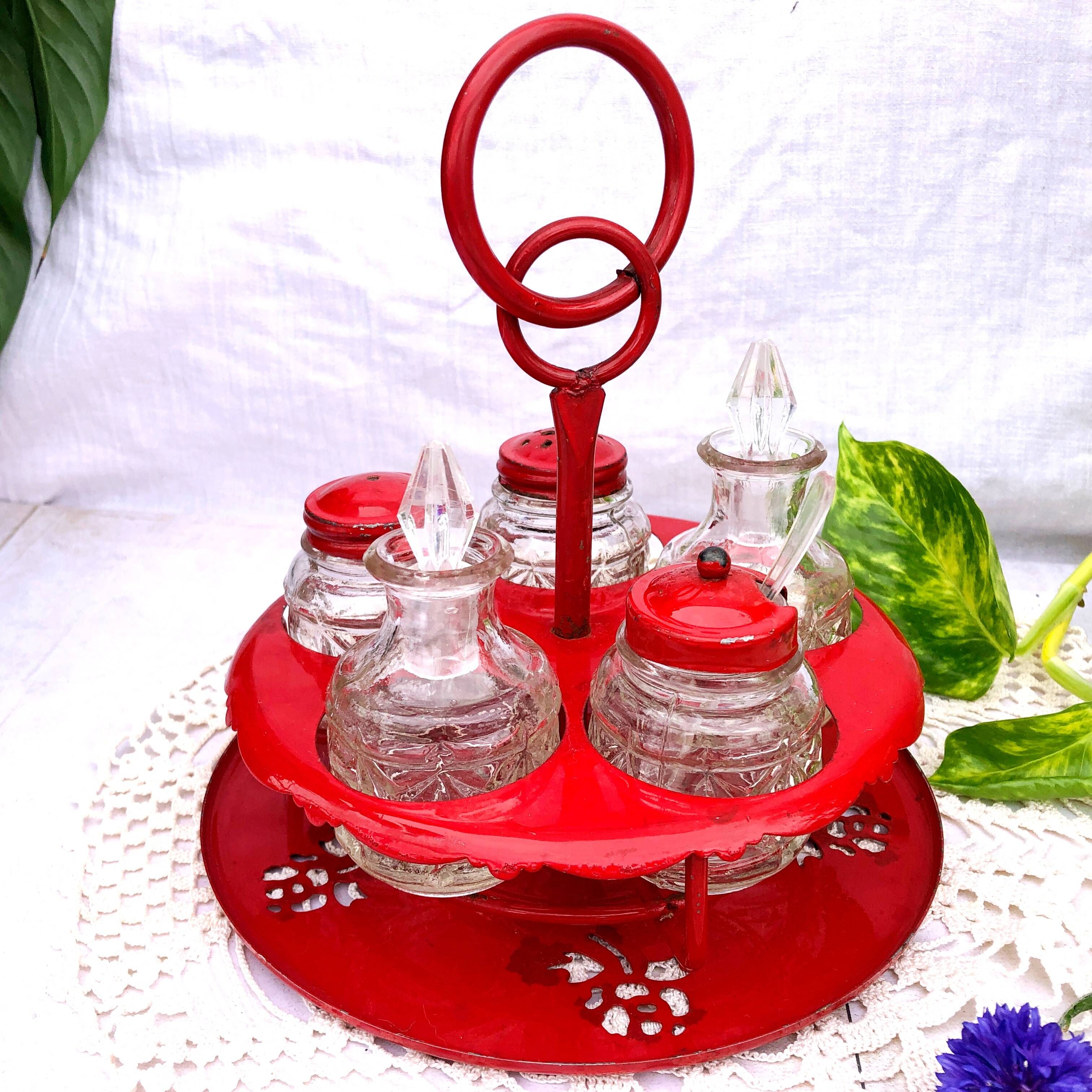 Table condiment server red metal turntable 6 vintage pieces