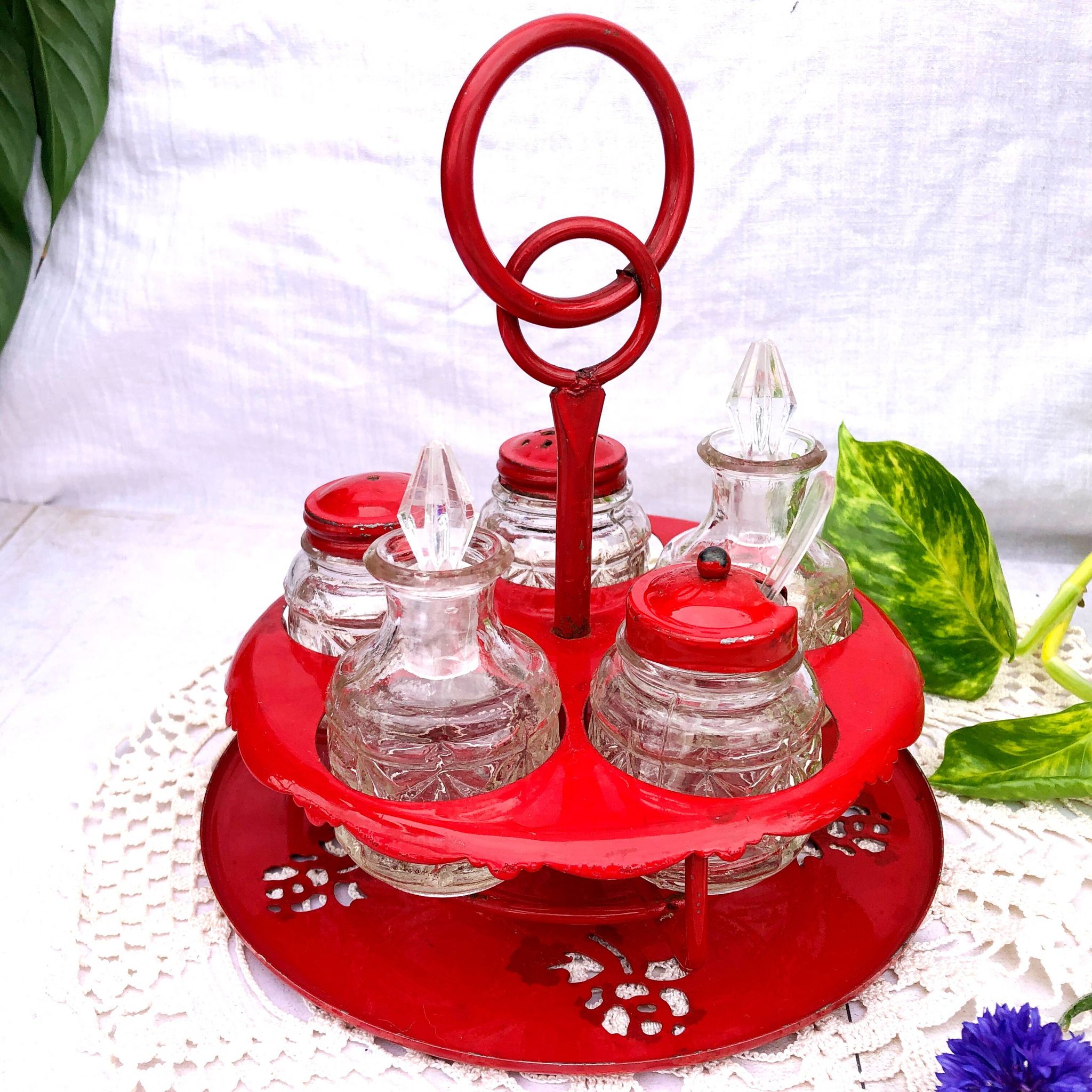 Table condiment server red metal turntable 6 vintage pieces