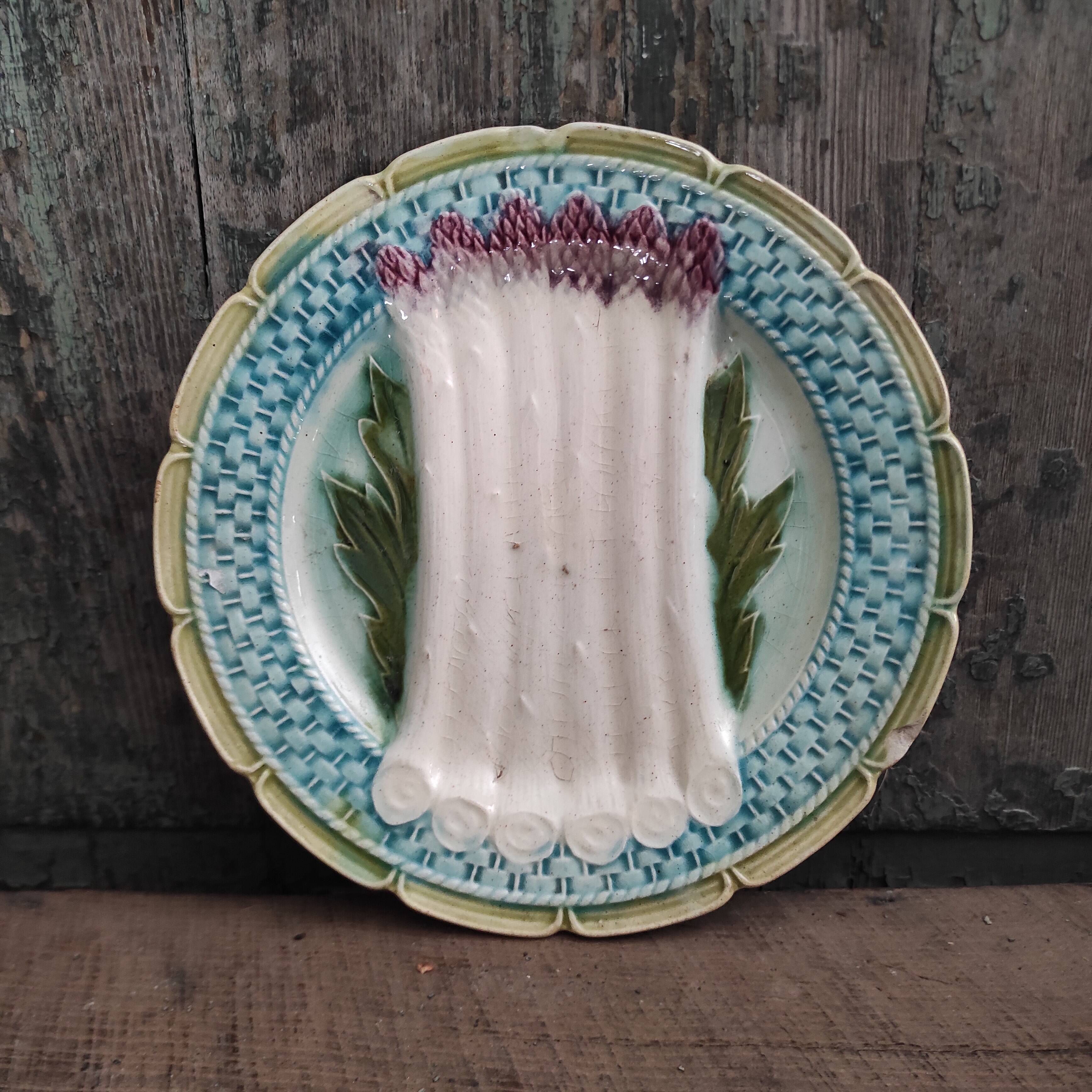French antique asparagus dish, majolica, barbotine