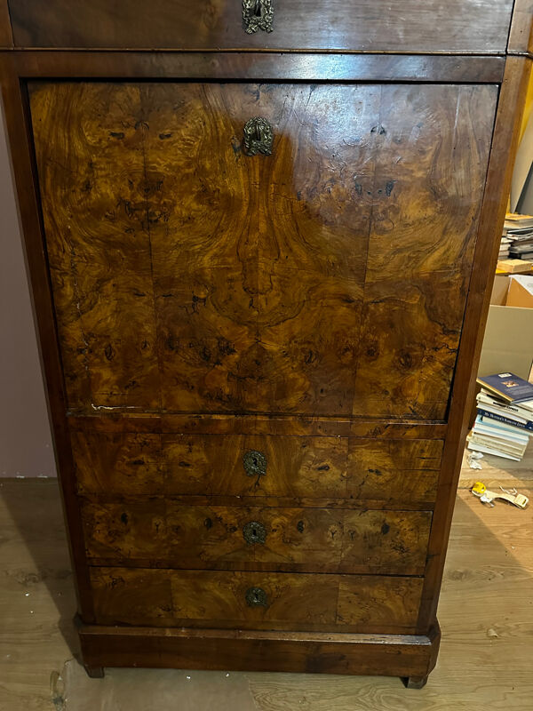 Secrétaire Louis-Philippe en noyer et ronce de noyer – marbre gris – X