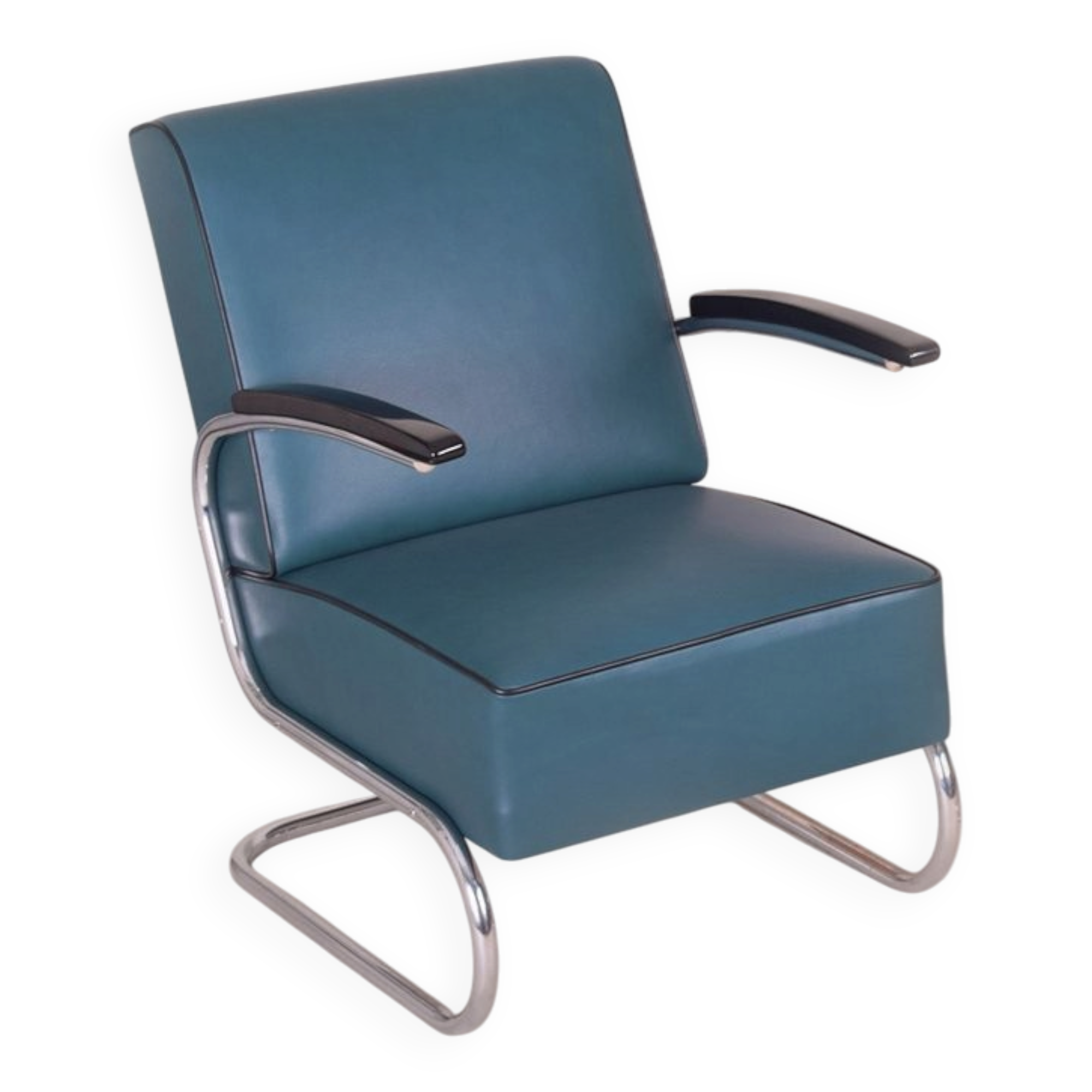 Art Deco Tubular Armchair in Chrome-Plated Steel & Blue Leather attributed to Mücke-Melder, 1930s