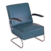 Art Deco Tubular Armchair in Chrome-Plated Steel & Blue Leather attributed to Mücke-Melder, 1930s