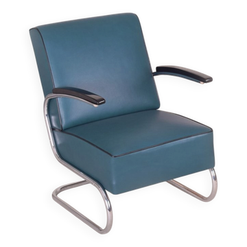 Art Deco Tubular Armchair in Chrome-Plated Steel & Blue Leather attributed to Mücke-Melder, 1930s