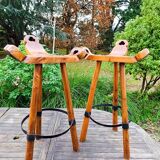 2 tabourets espagnols tripode brutaliste chêne massif, 1960