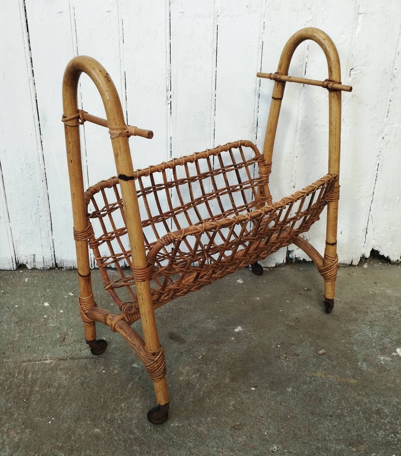 Vintage rattan and bamboo magazine rack