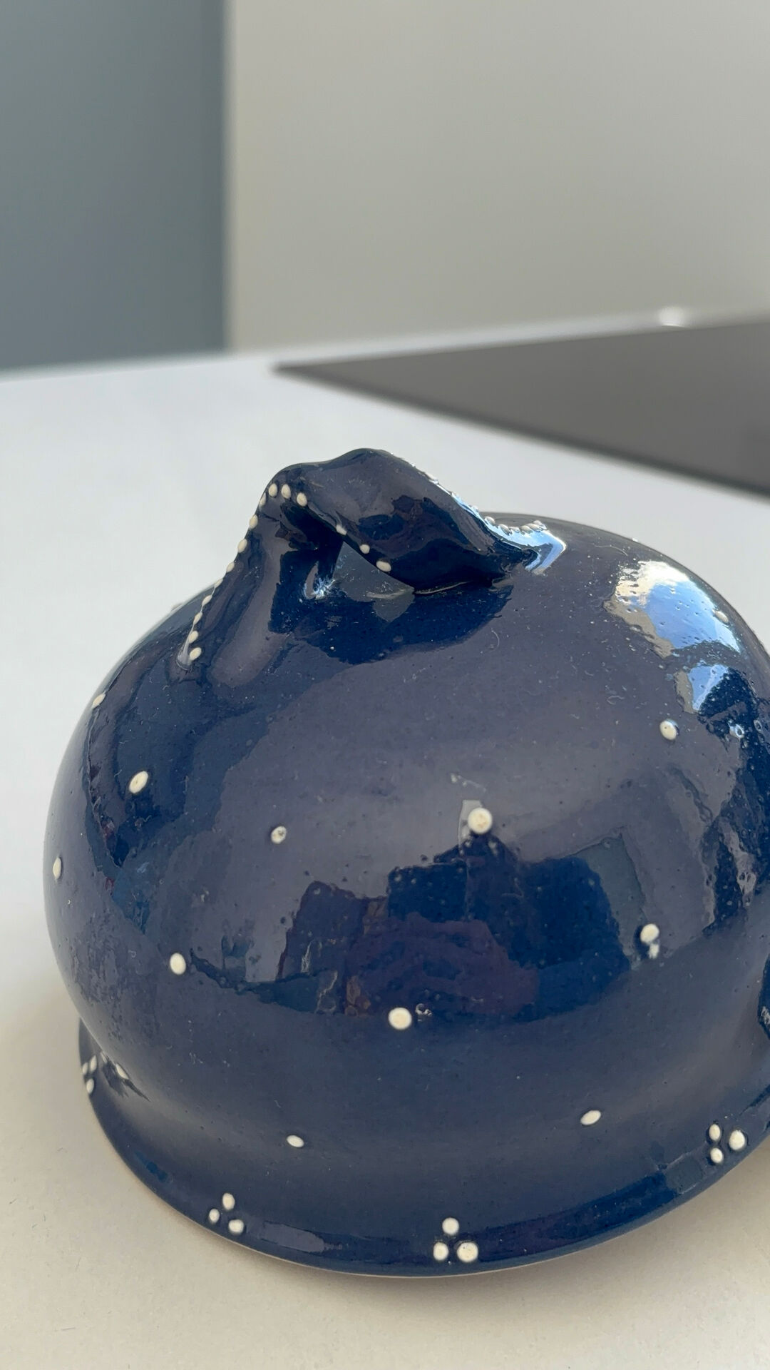 Vintage artisanal blue night ceramic butter dish in Alsatian style.
