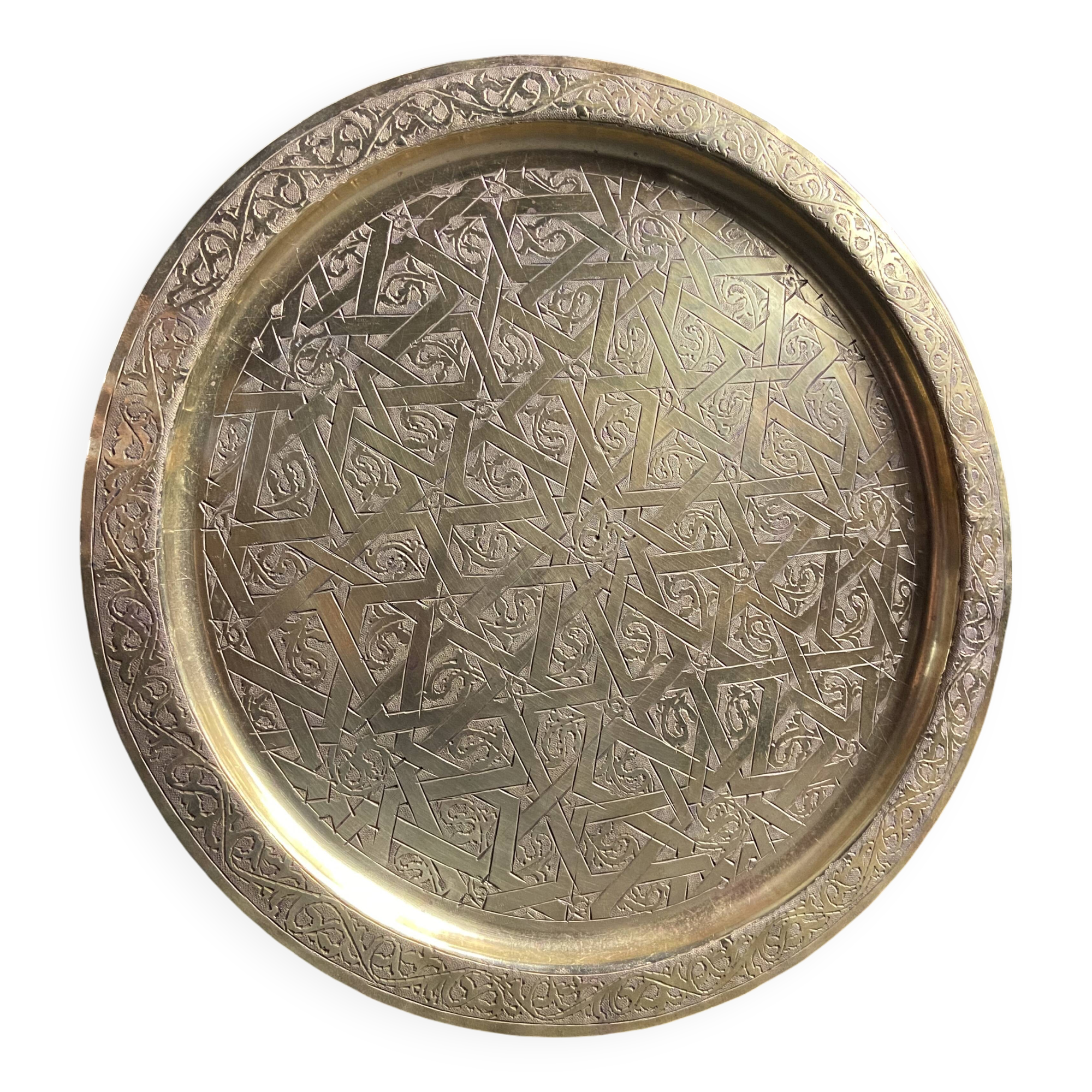 Bronze brass tray with chiseled decoration signed