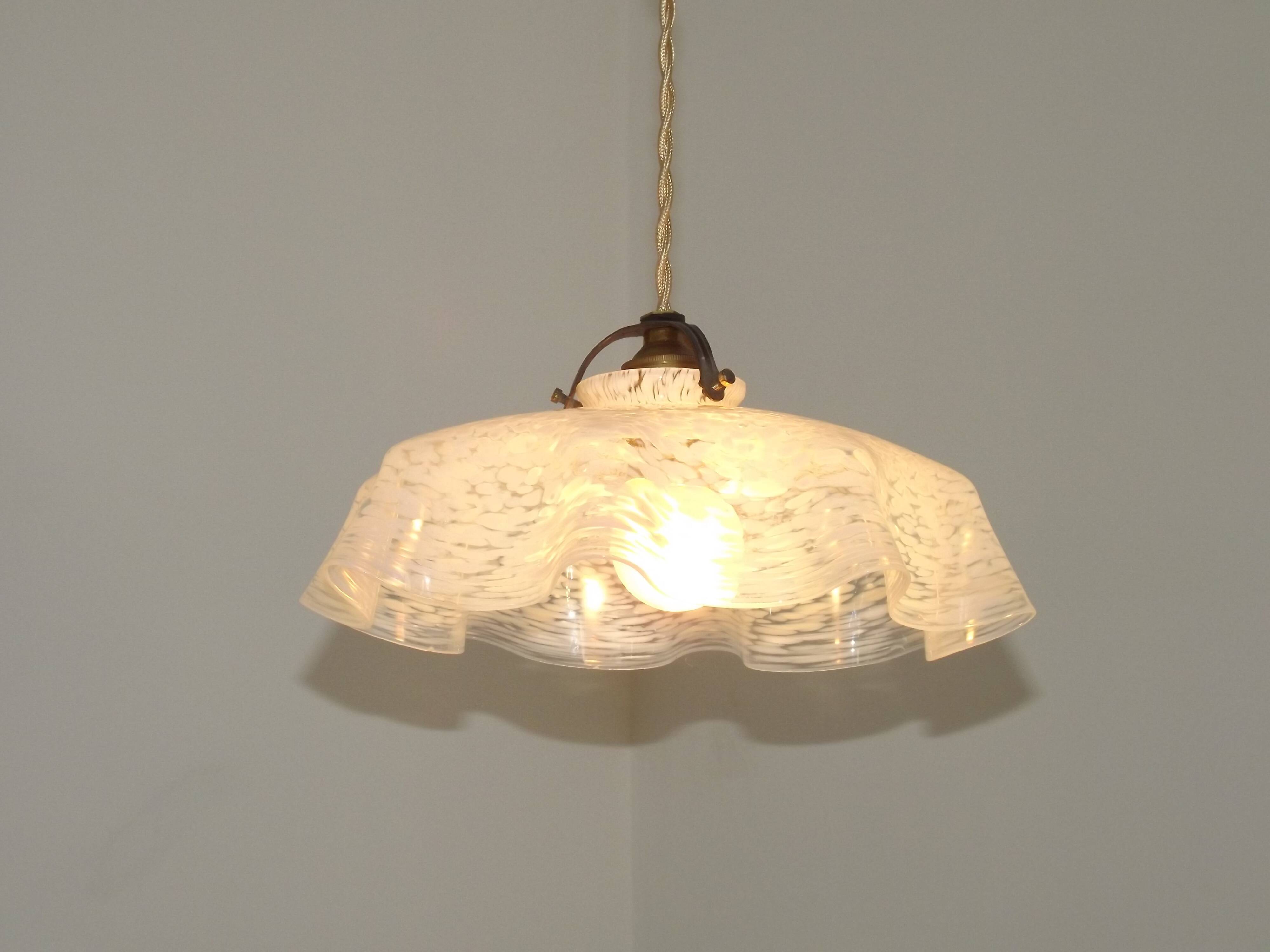 French Vintage 1930s White Frilled Clichy Glass Lampshade Ceiling Light
