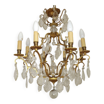 Grand lustre français Louis XV à 8 lumières en bronze doré, verre et cristal