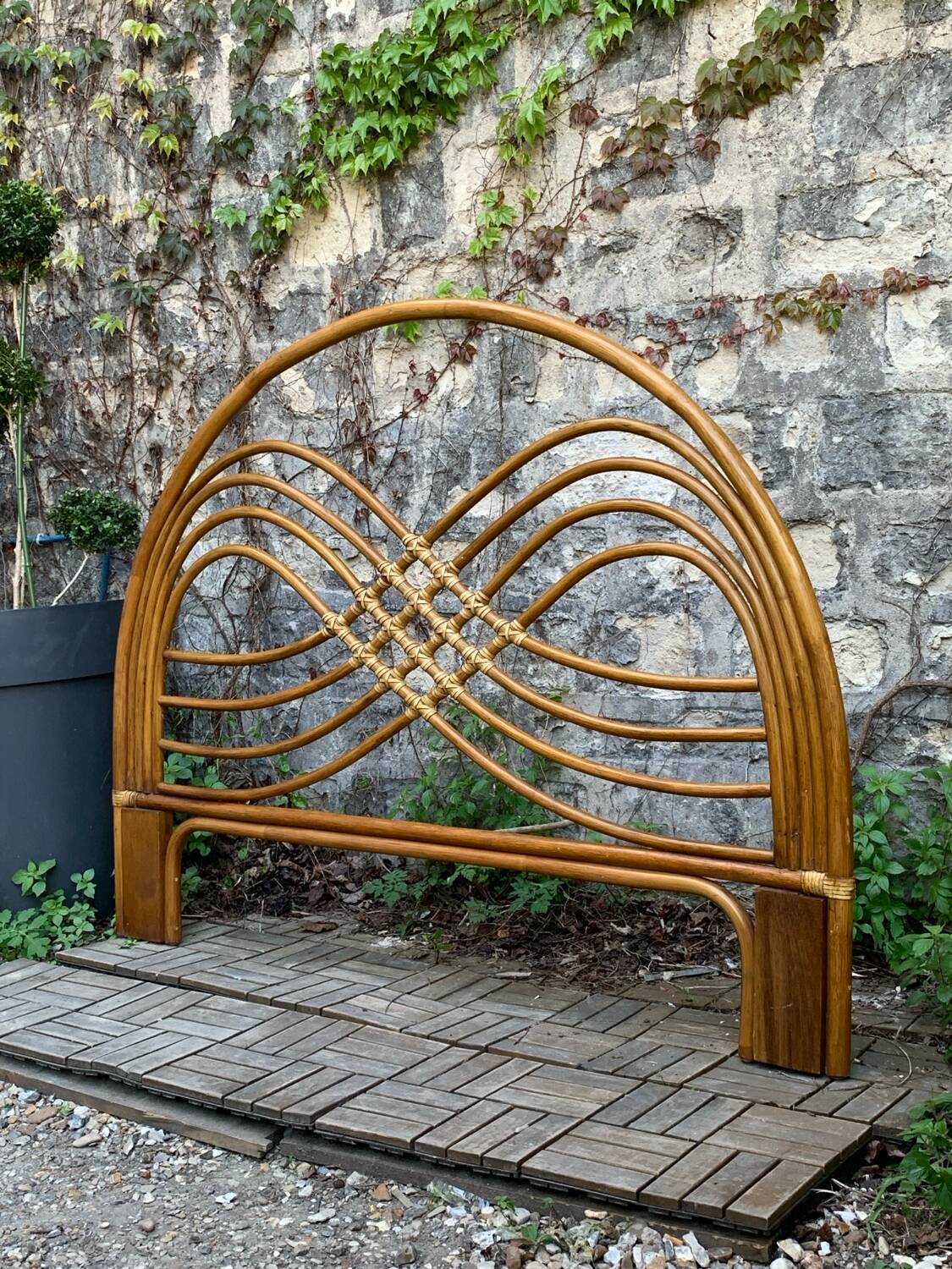 Rattan and leather headboard 140cm vintage 1970