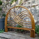 Rattan and leather headboard 140cm vintage 1970