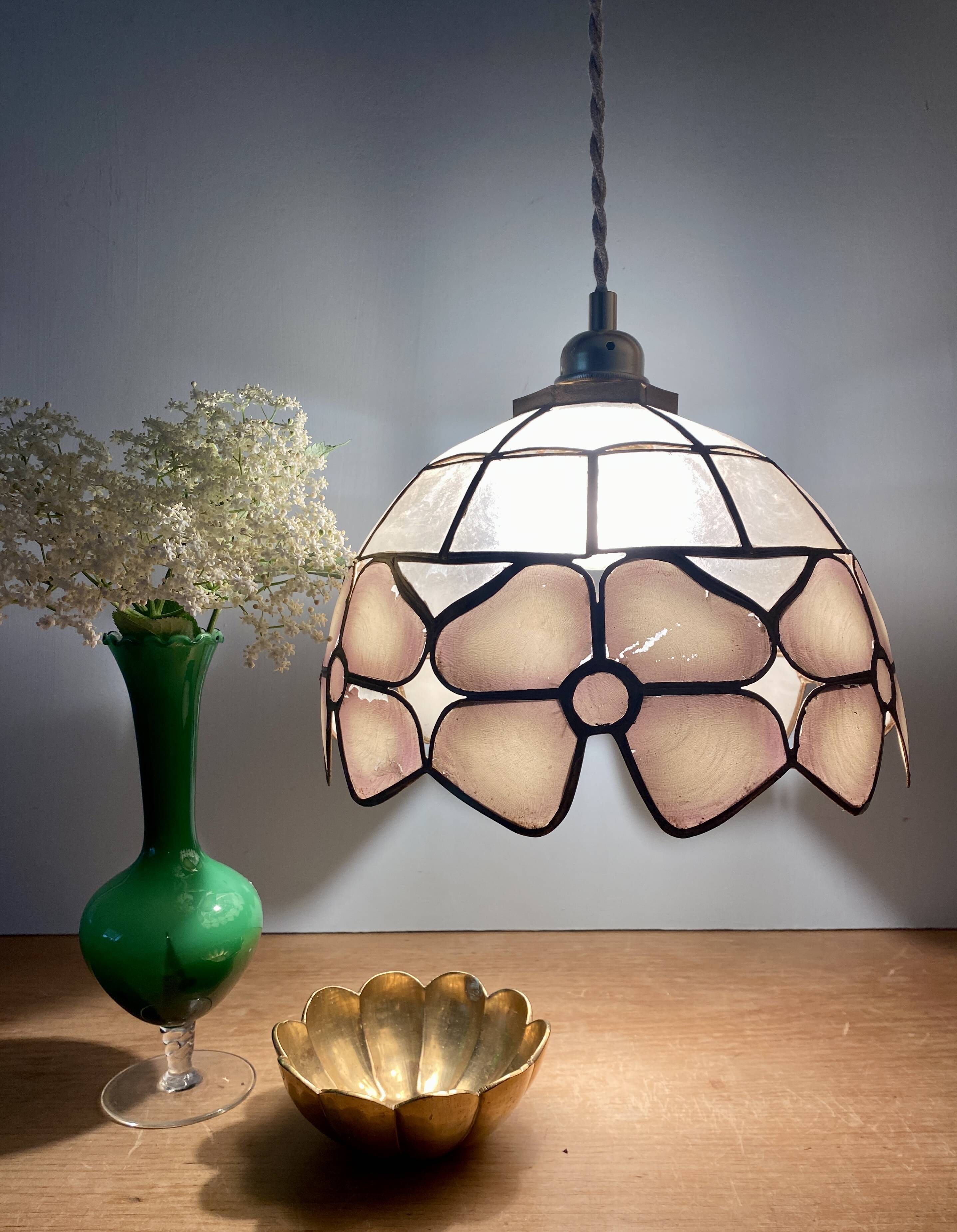 Vintage mother-of-pearl and brass lampshade pendant light