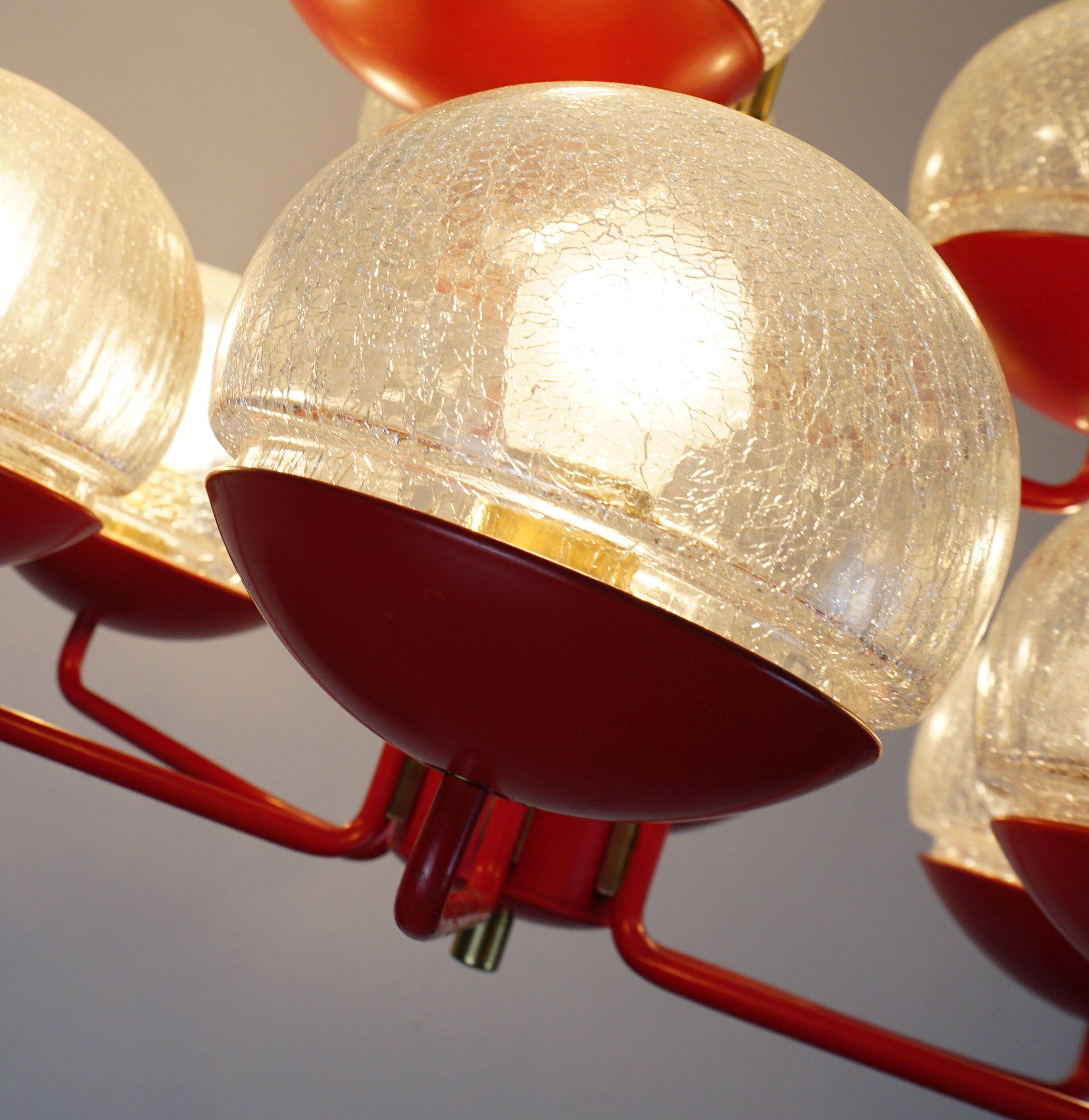 1960s chandelier, red metal and brass, 9 crackle glass shades