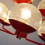 1960s chandelier, red metal and brass, 9 crackle glass shades