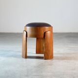 Sculptural Ash Wood Stool B.V. Waxed Dark Brown Leather by FORME, Italy