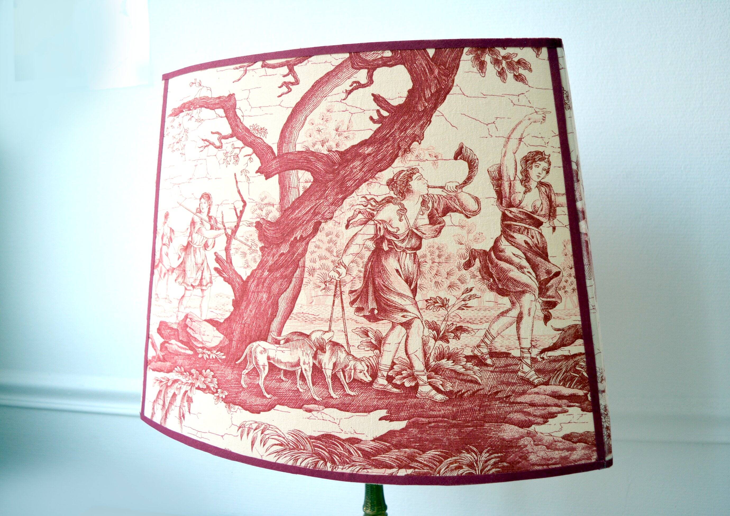 Red toile de Jouy fabric lampshade, Greek goddess Diana the huntress.