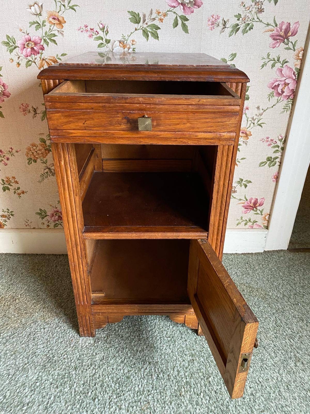 Vintage wooden nightstands/bedside tables carved with art deco motifs