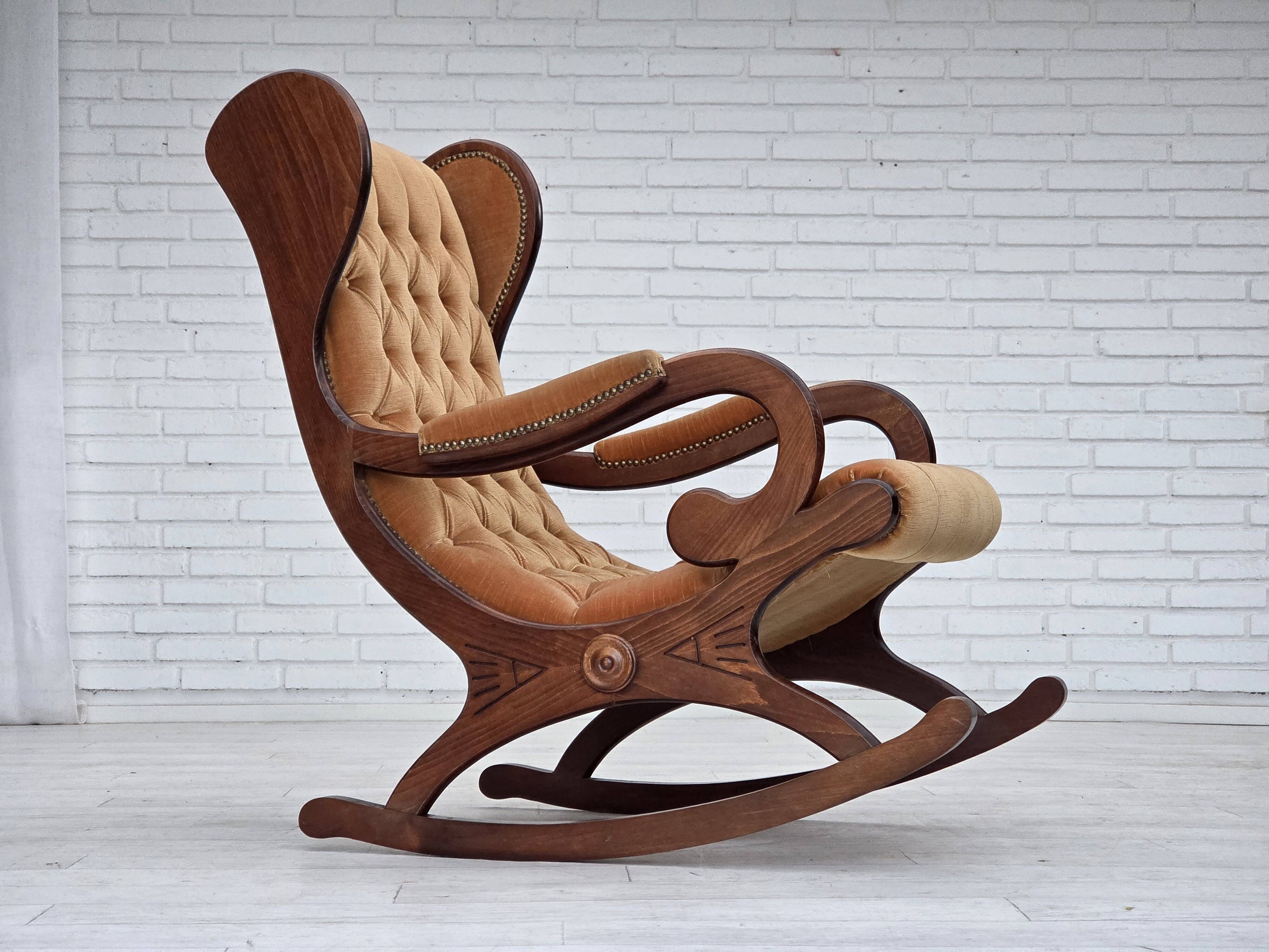 1960s, Scandinavian rocking chair, furniture velour, dark beech wood.
