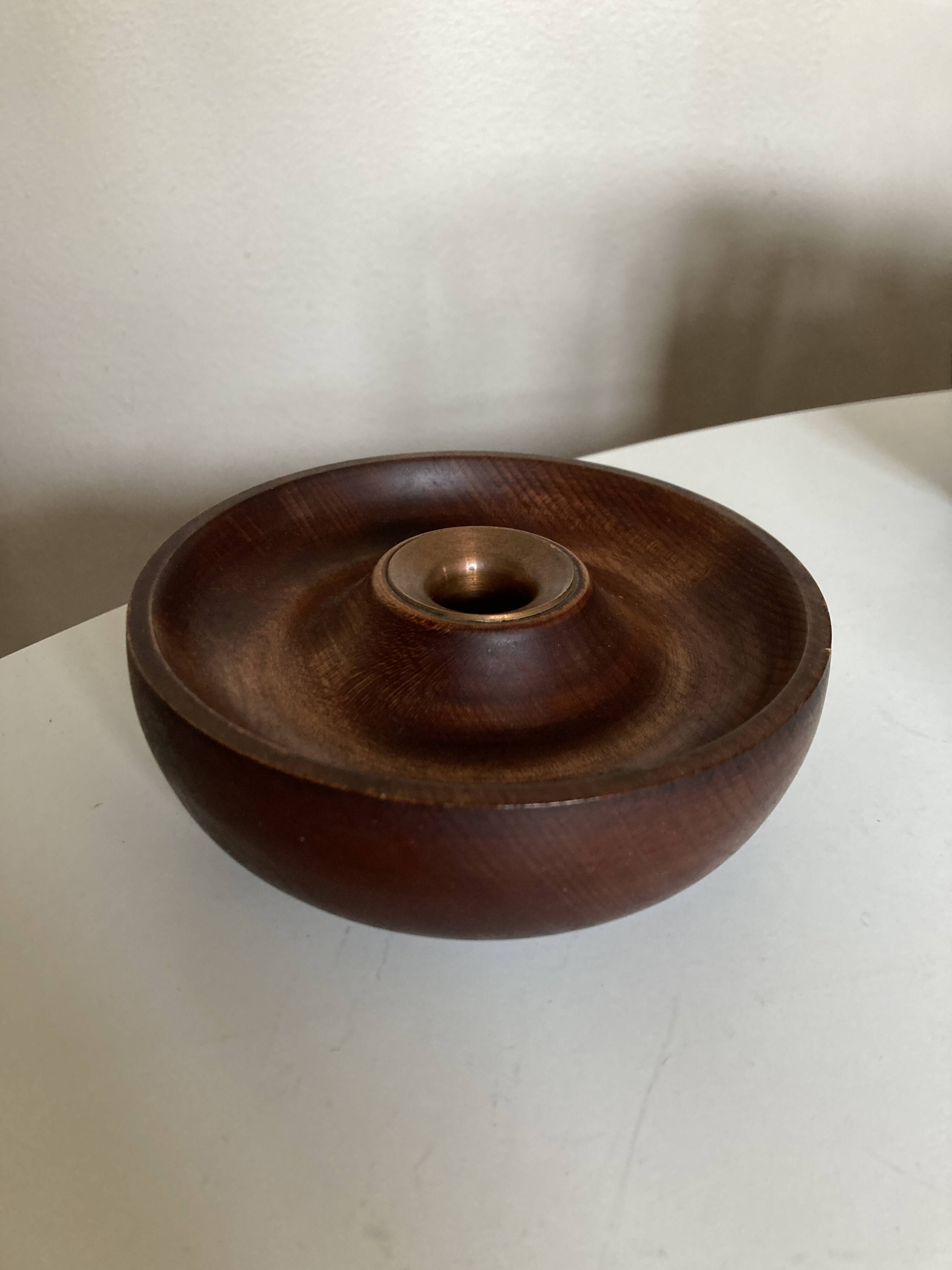 Candle holder in teak and coppery brass Scandinavian mid century modern