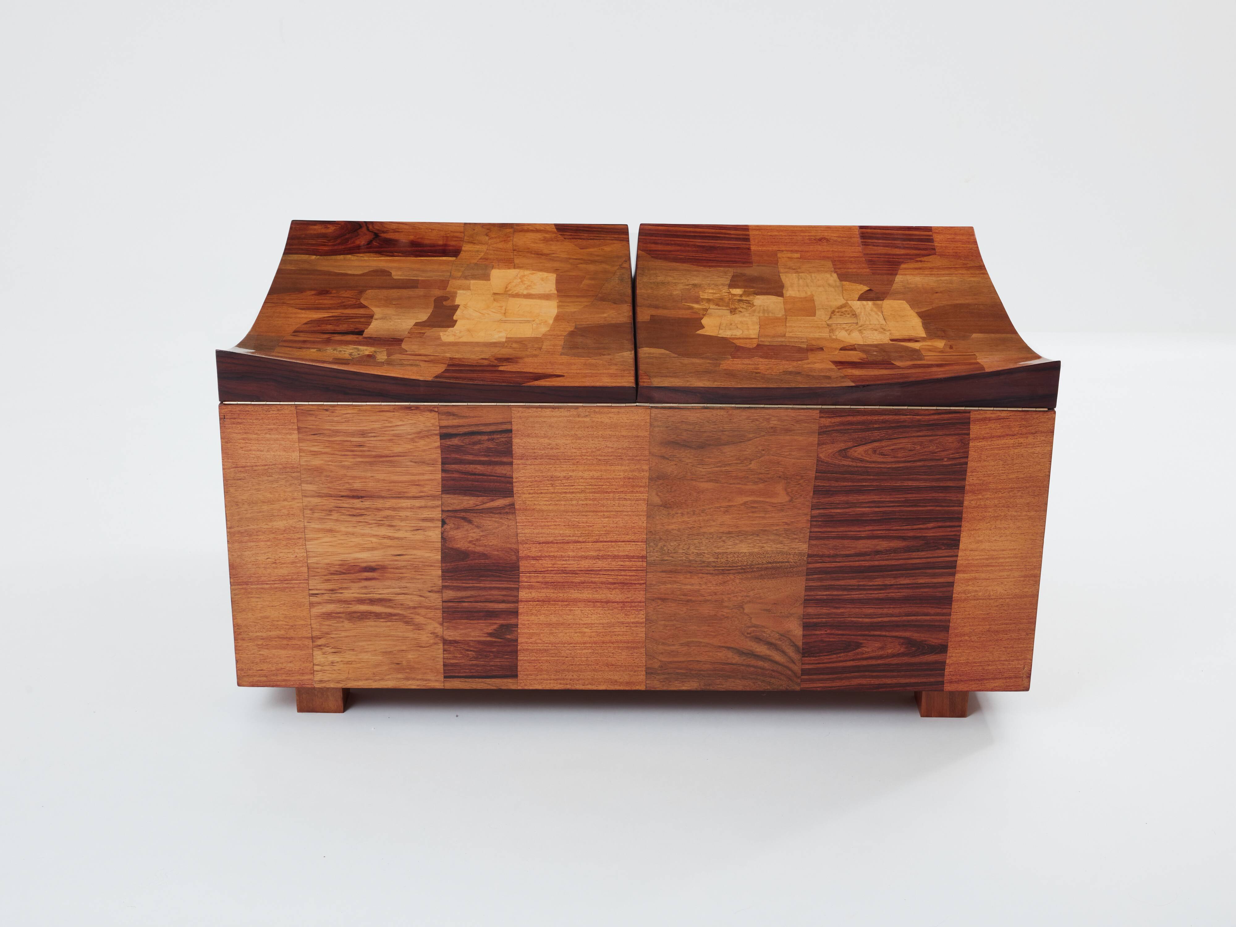 Bar chest in wood and brass marquetry signed Michel Lefèvre 1960