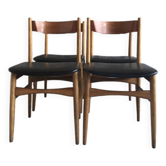 Set of 4 Scandinavian chairs - black faux leather seat - design 1960