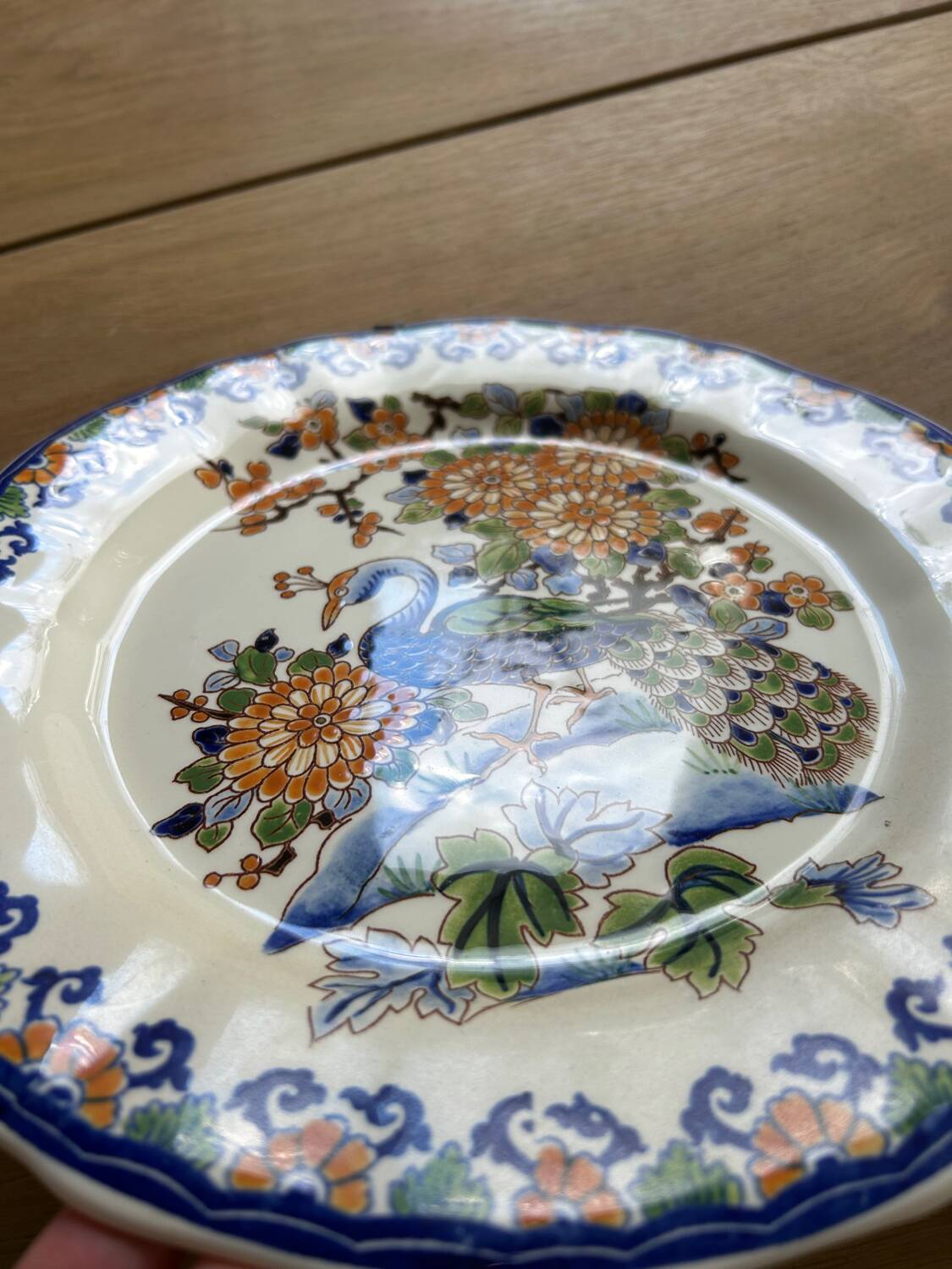 Round plate, iron earth, Gien, Peacock.