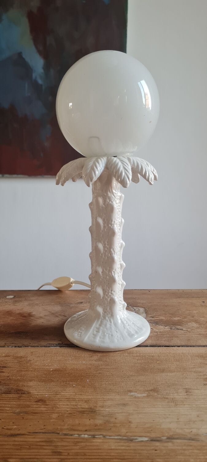 Ceramic palm lamp and white opaline globe