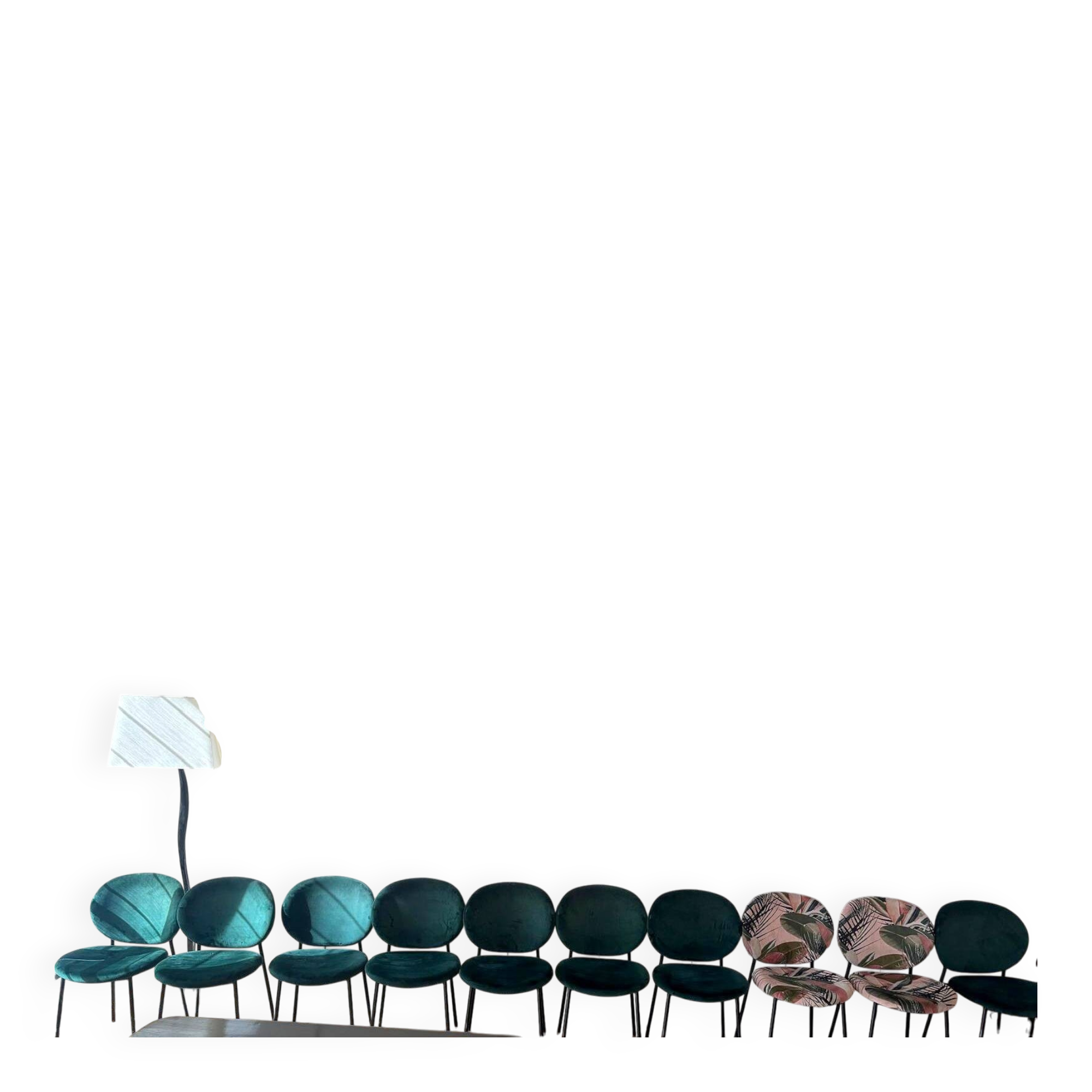 Set of 10 Calligaris Ines chairs in green velvet and tropical fabric.