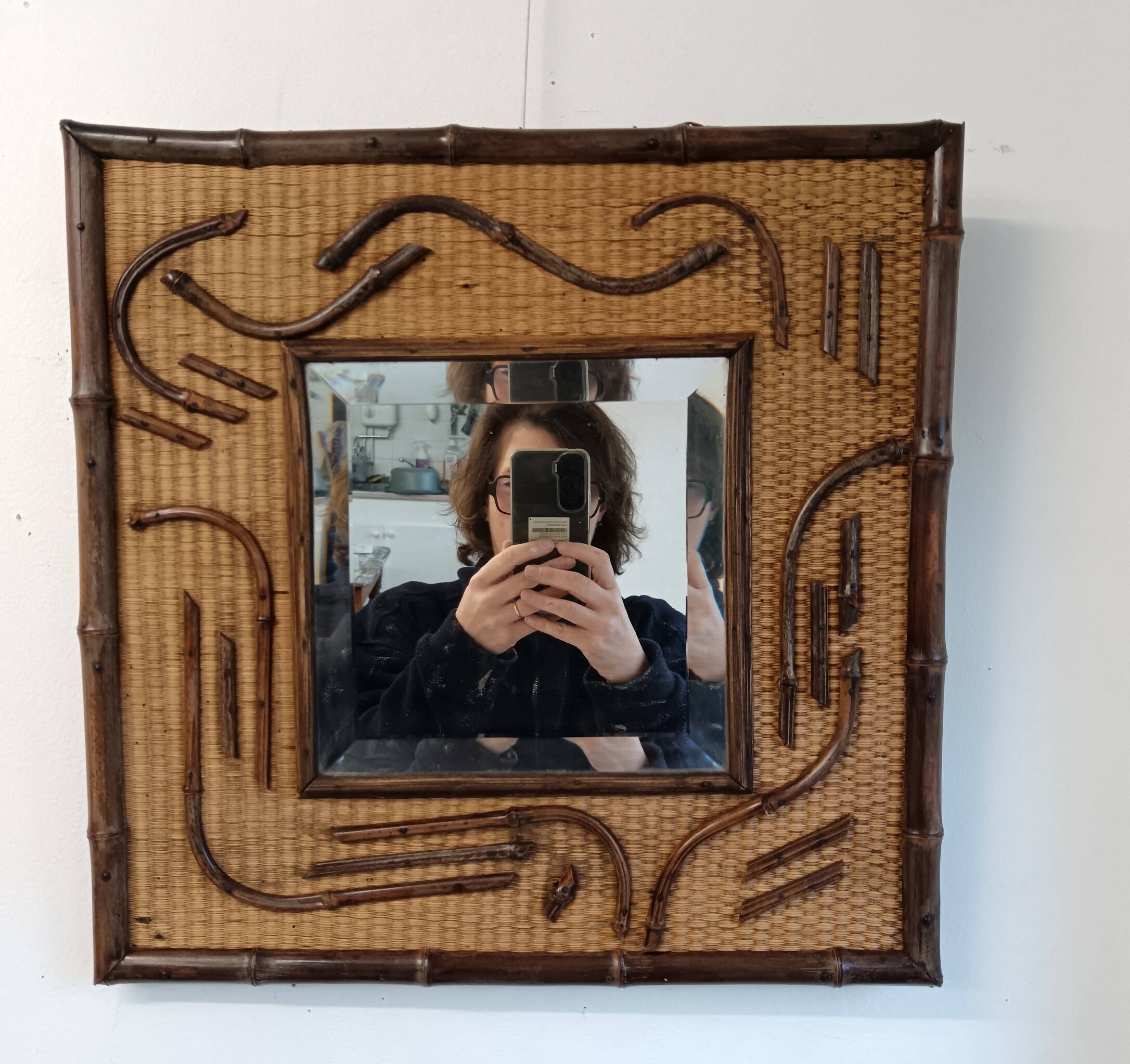 2-tone beveled square wood and rattan mirror