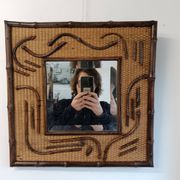 Miroir bois et rotin carré biseauté 2 tons