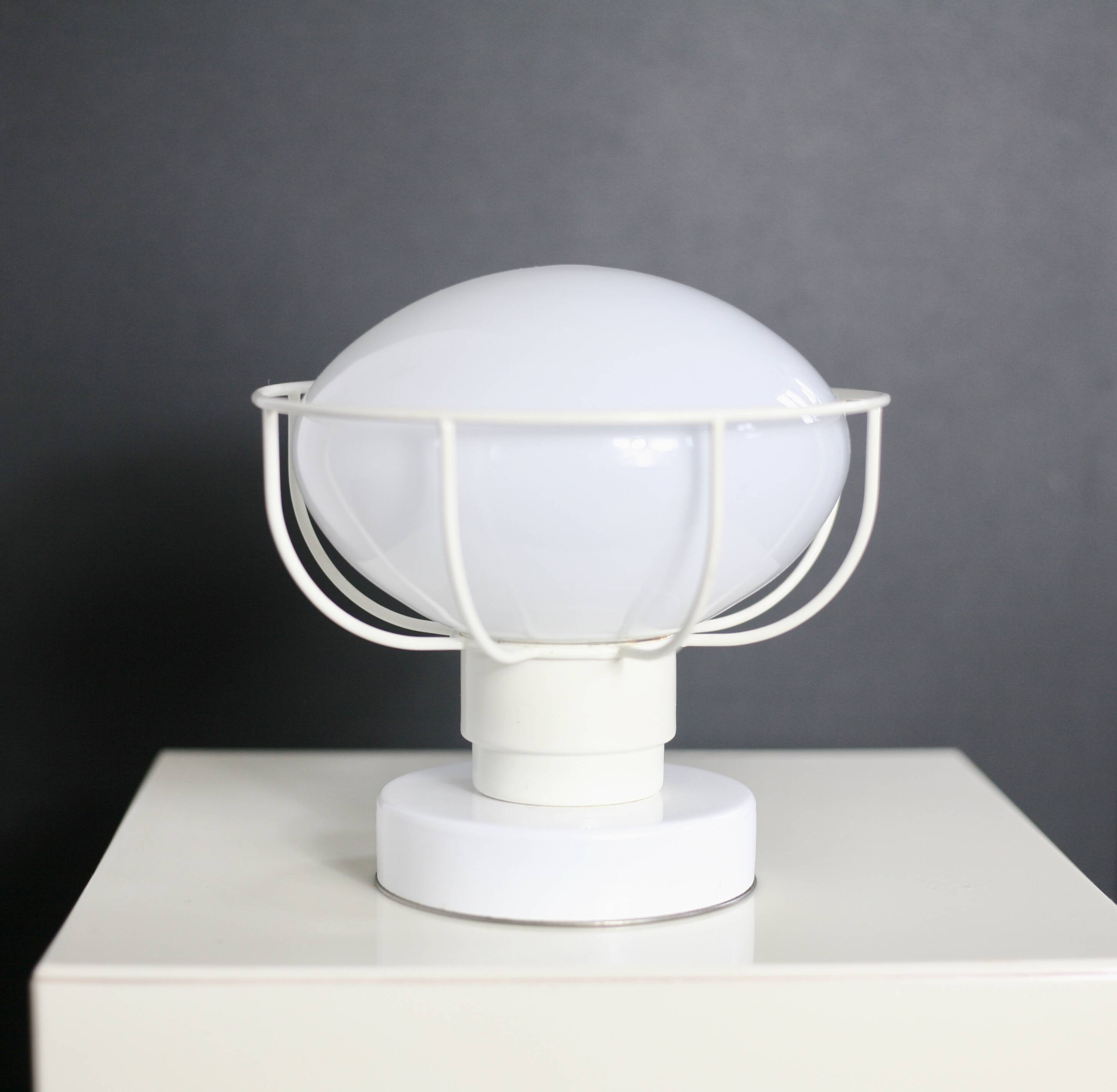 80s lamp, white lacquered metal and glass globe