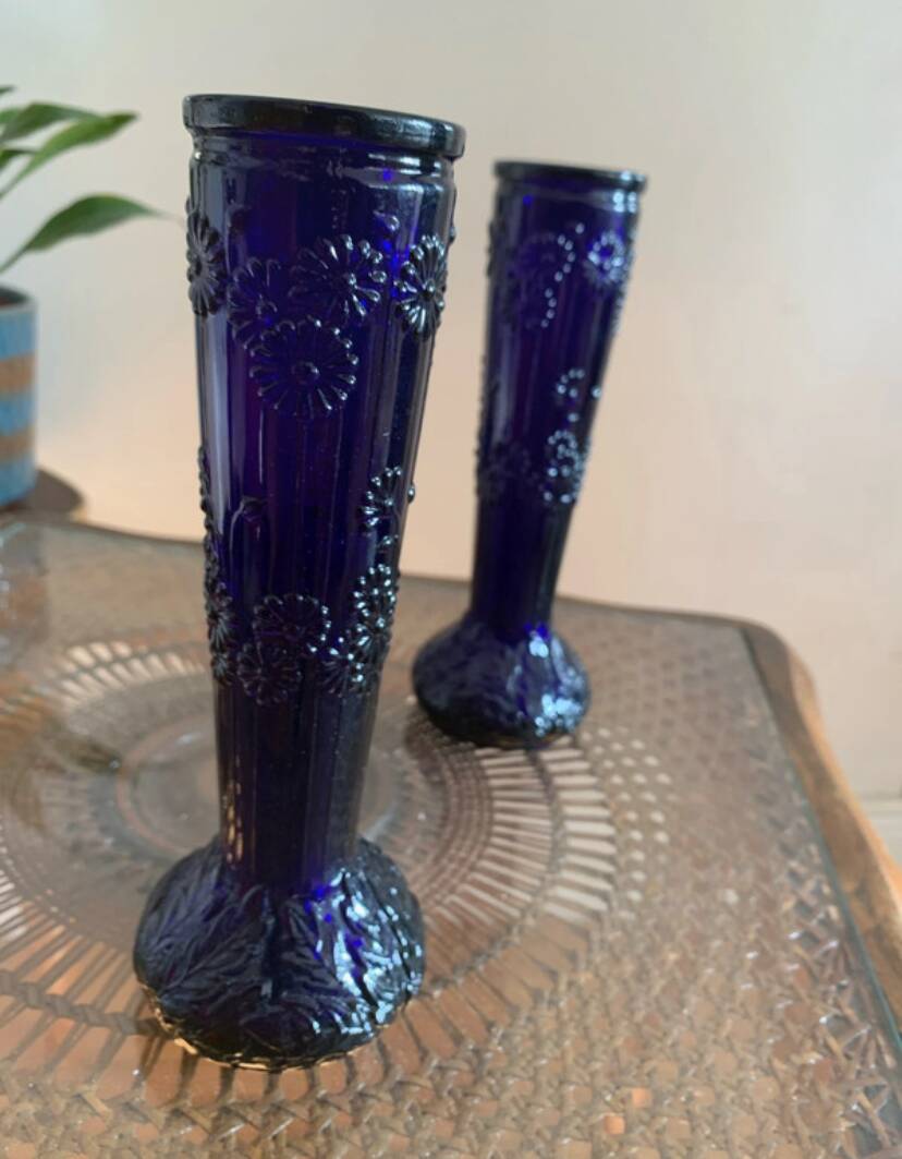 2 vintage cobalt blue pressed glass vases
