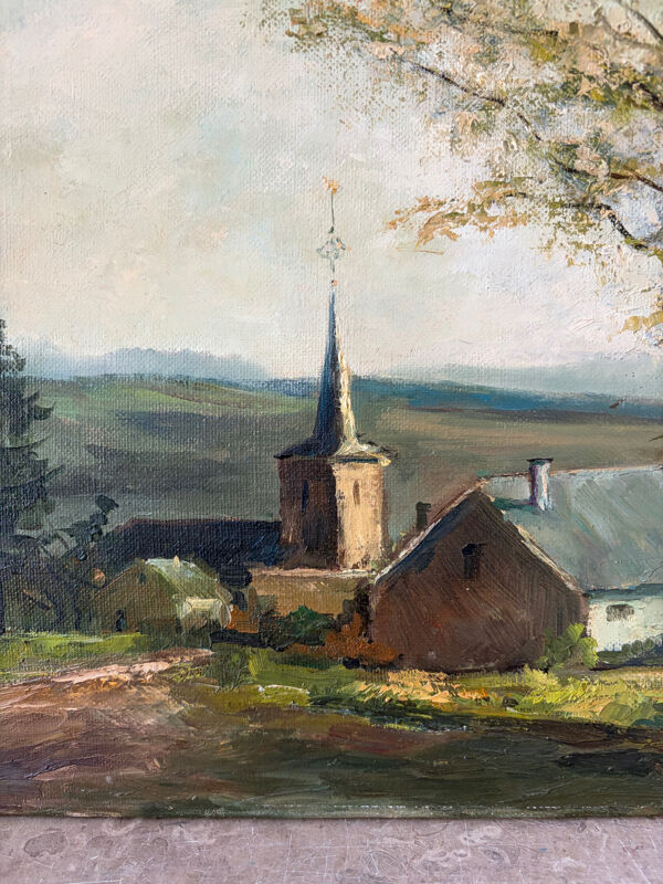 Paysage avec église, huile sur toile signé Guy Dirickx