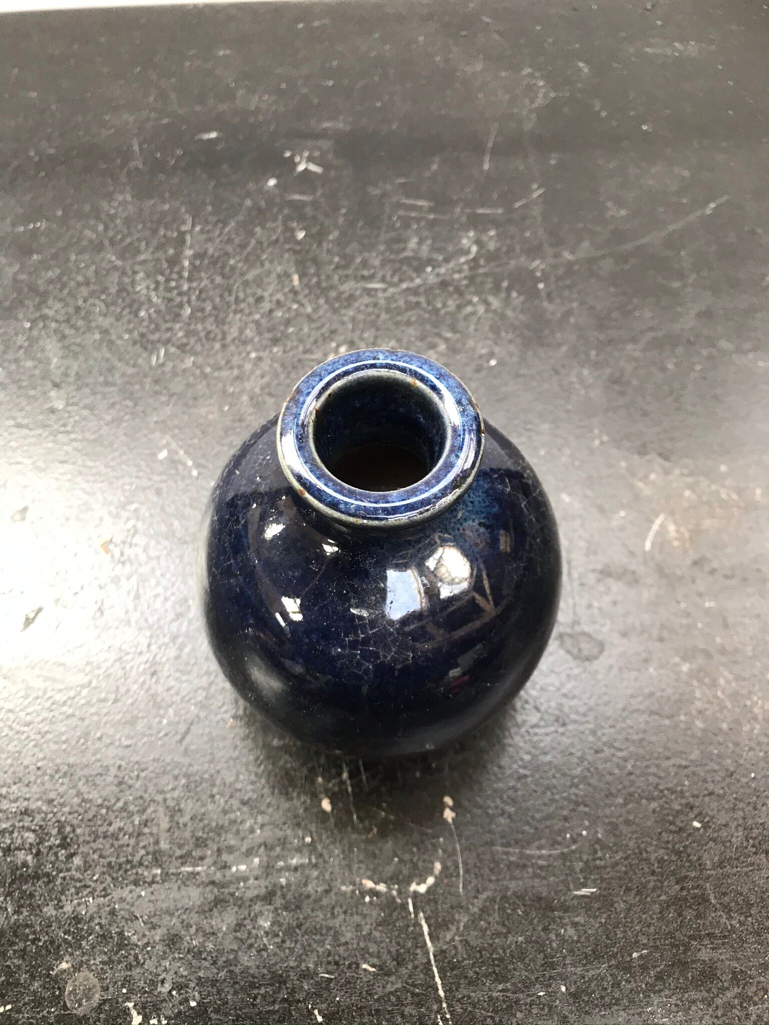 Ancien vase Le Cep boule grès émaillé bleu années 70 vintage