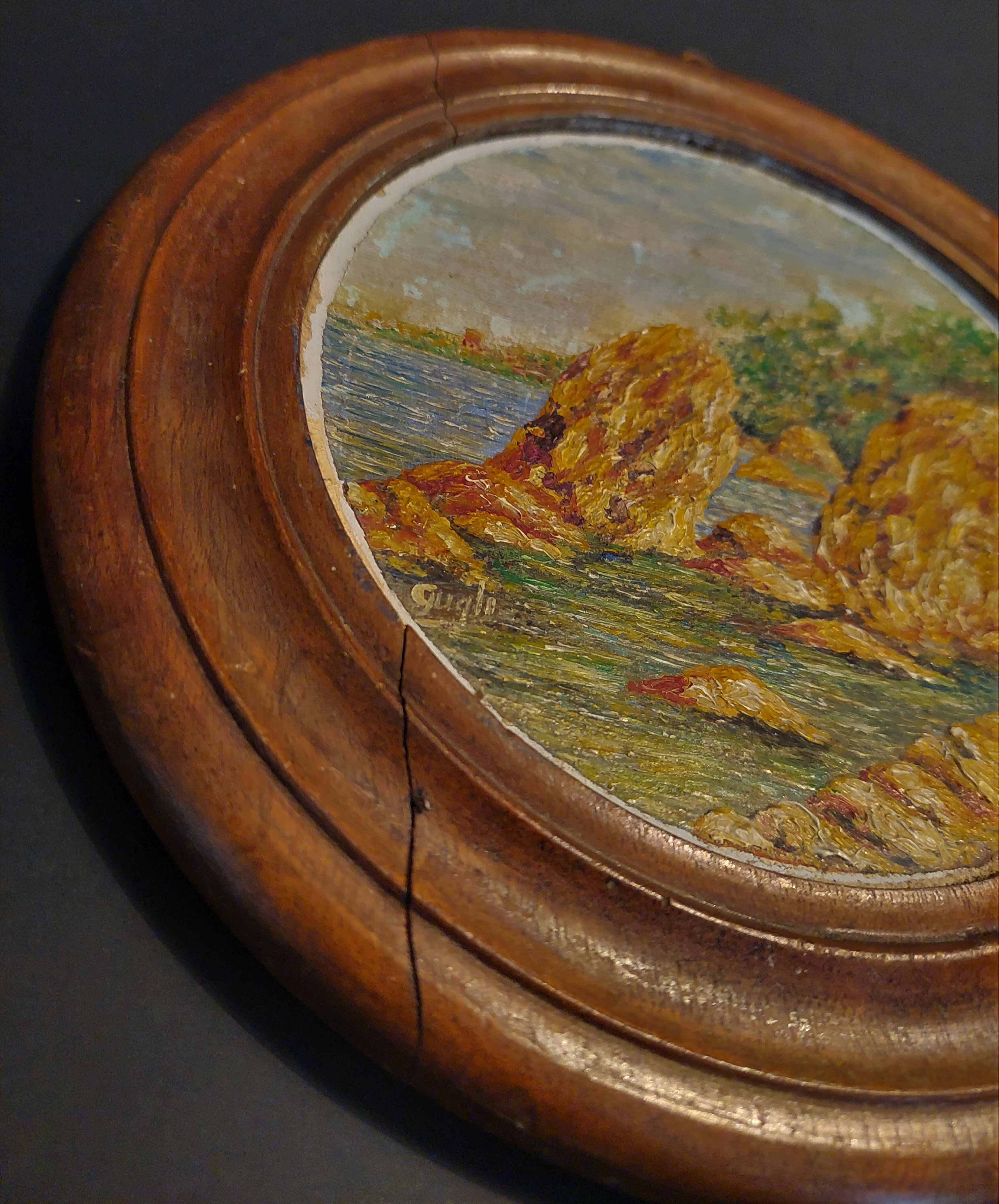 Oil painting on panel in marine tondo wooden frame early twentieth century