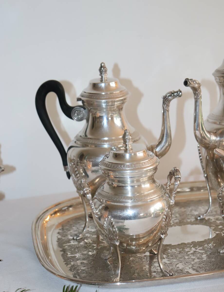 Silver-plated metal tea and coffee service in Empire style.
