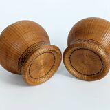 Pair of vintage Chinese vases in porcelain and woven bamboo.