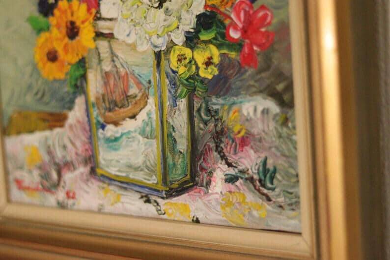 Mid-Century Swedish Oil On Canvas “Vase with Ship Motif” by Carl Figge