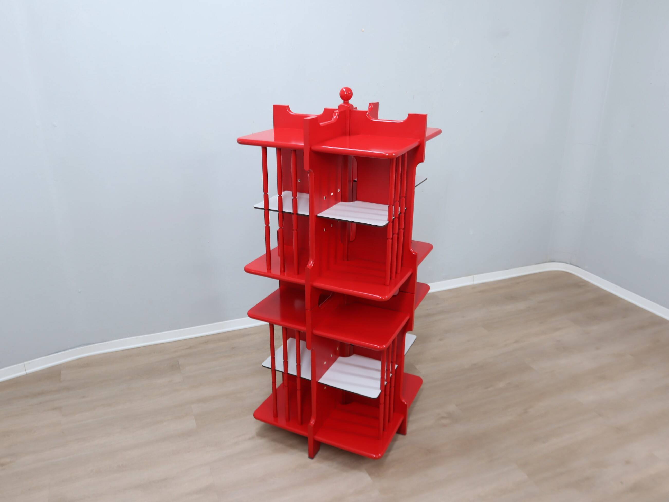 Modular Italian red lacquered solid wood bookshelf, 1960s