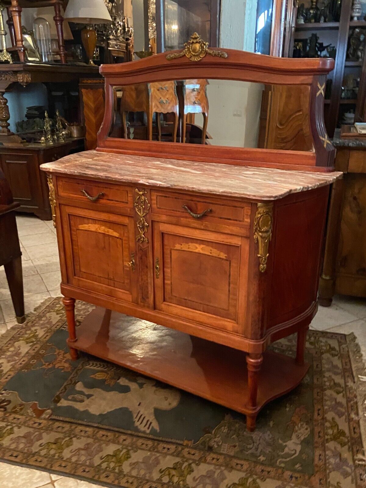 Desserte buffet with mirror background credenza and Louis XVI style marble top