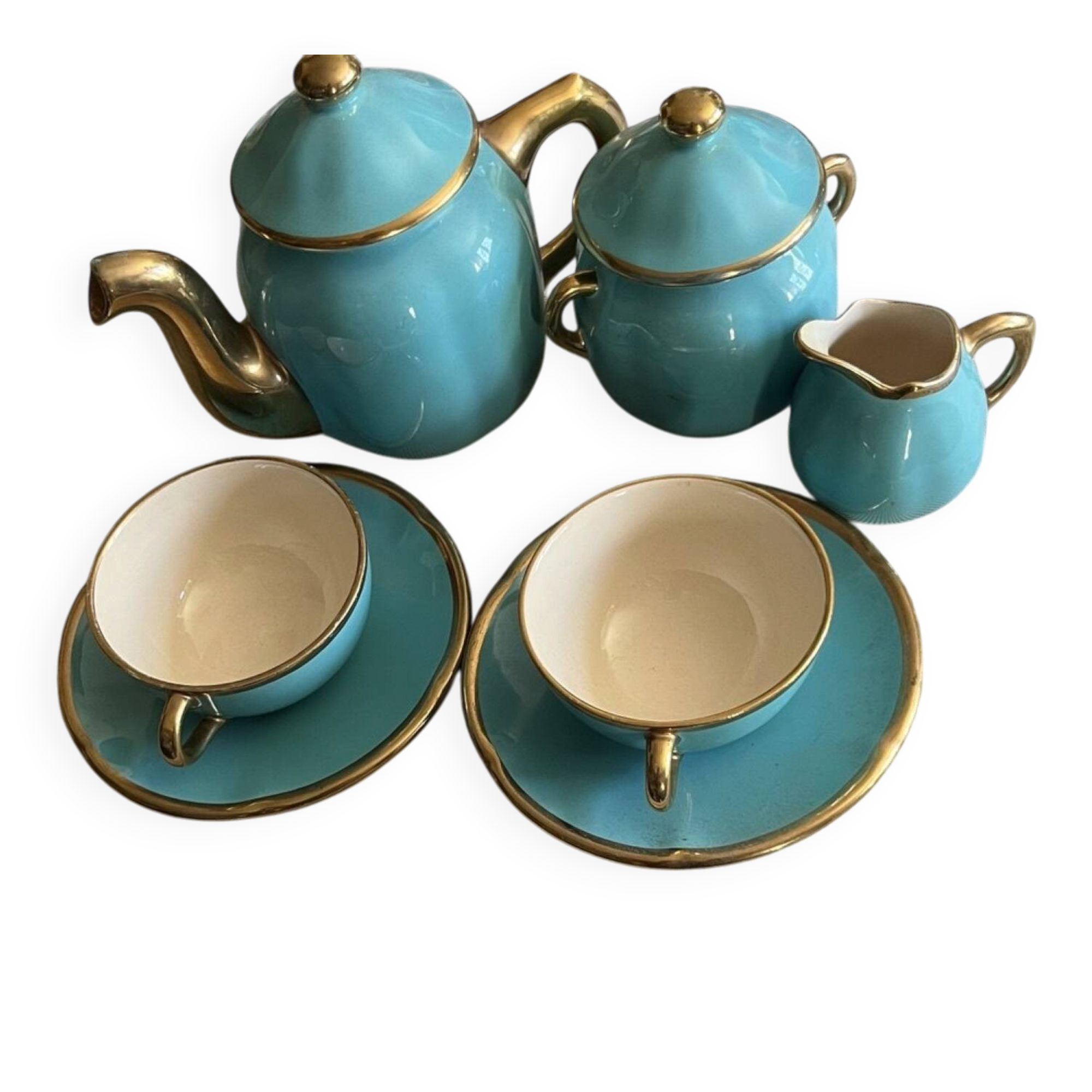Vintage turquoise and gold ceramic tea set – teapot, sugar bowl.