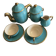 Vintage turquoise and gold ceramic tea set – teapot, sugar bowl.