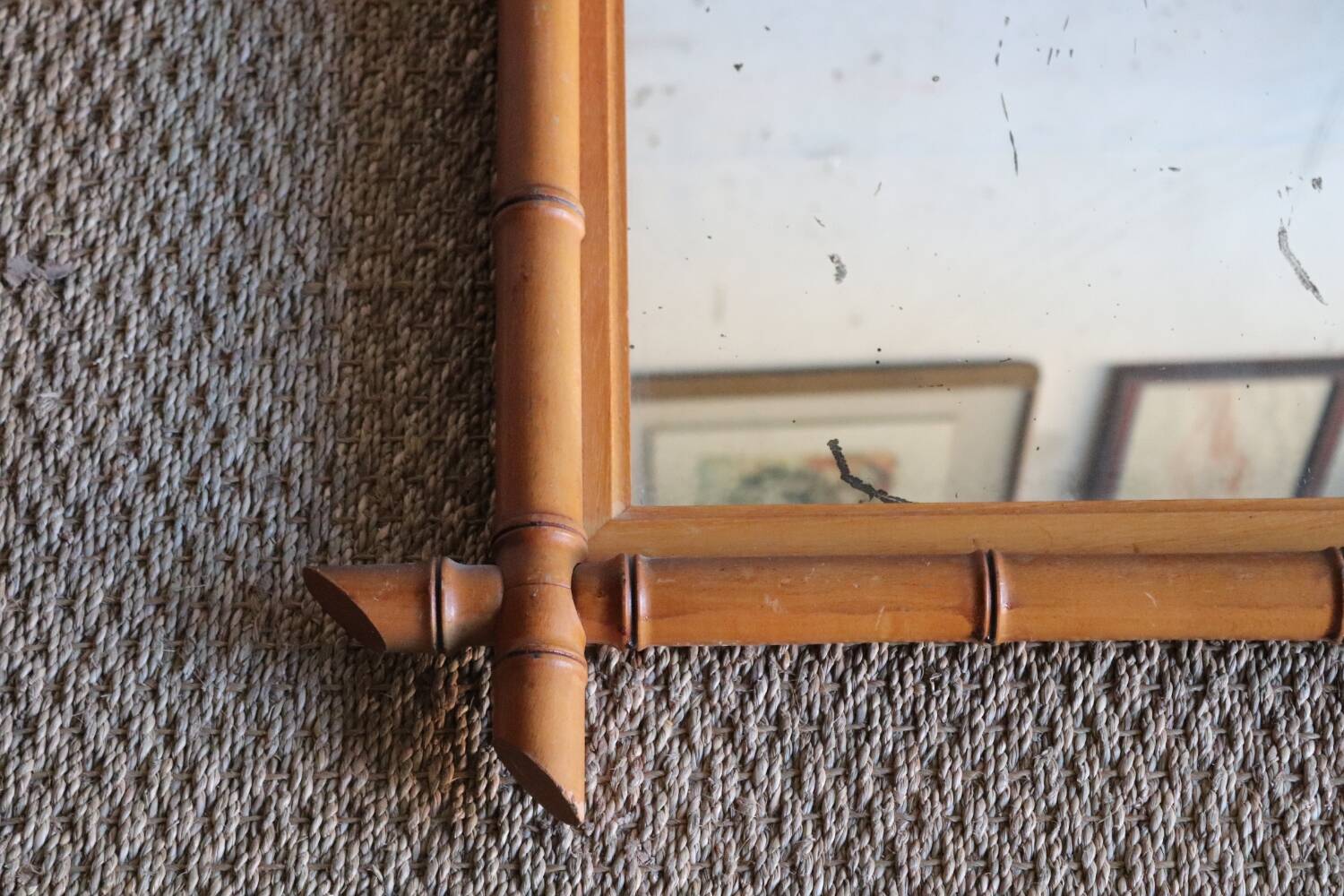 Antique cross mirror, turned wood, bamboo style