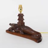 Vintage 1950s Carved Wooden Mahogany Crocodile Table Lamp