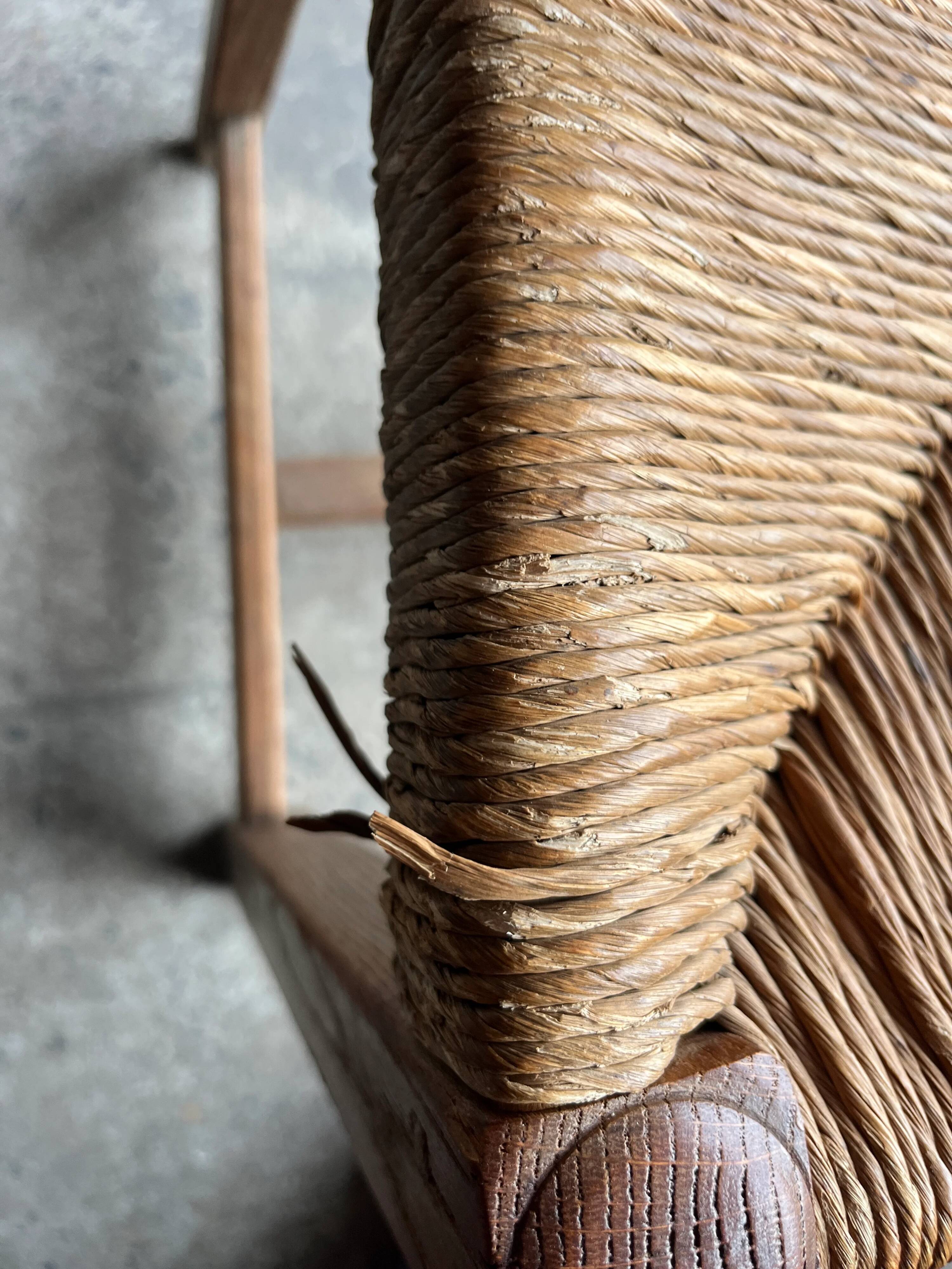 Set of 6 sculpted oak chairs with straw seats – 1950s