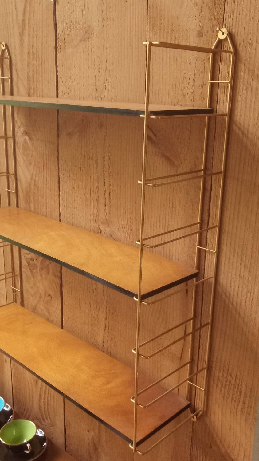 Vintage tomado string shelf, wooden trays