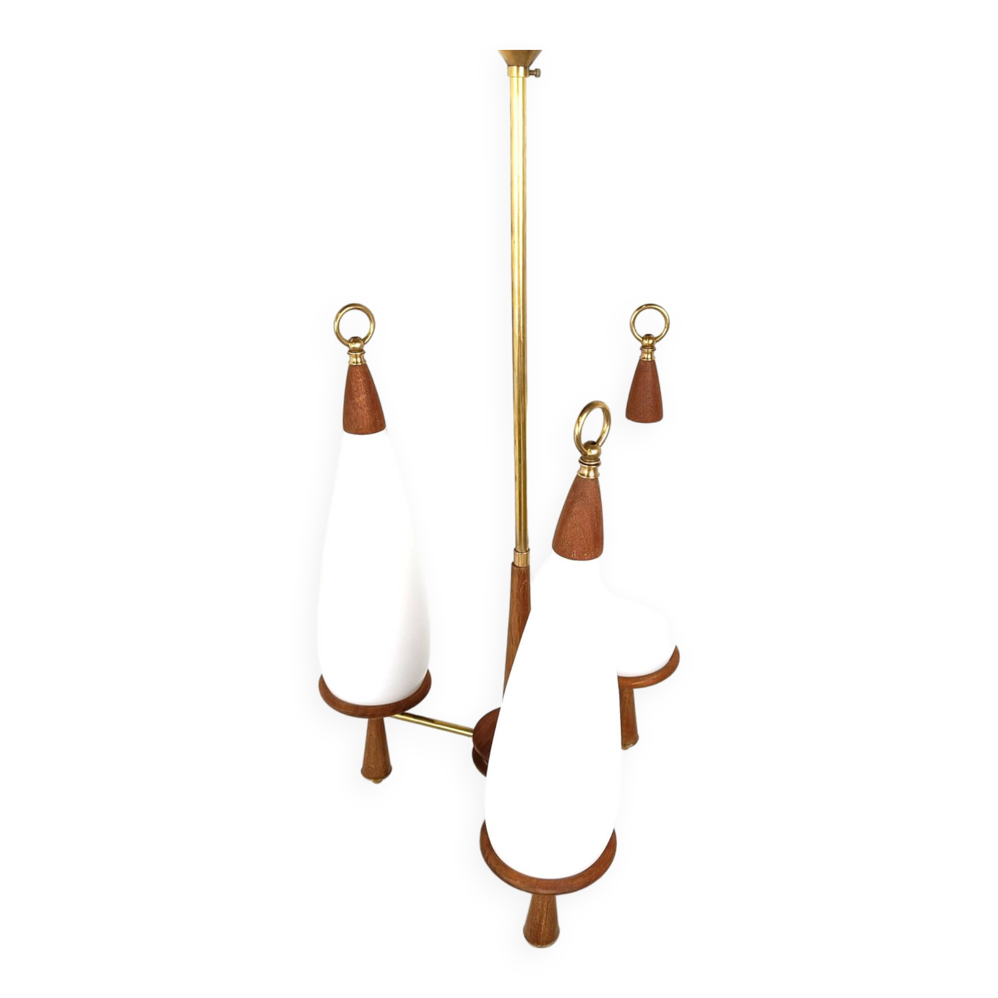 Vintage teak chandelier with white glass shades, 1960s