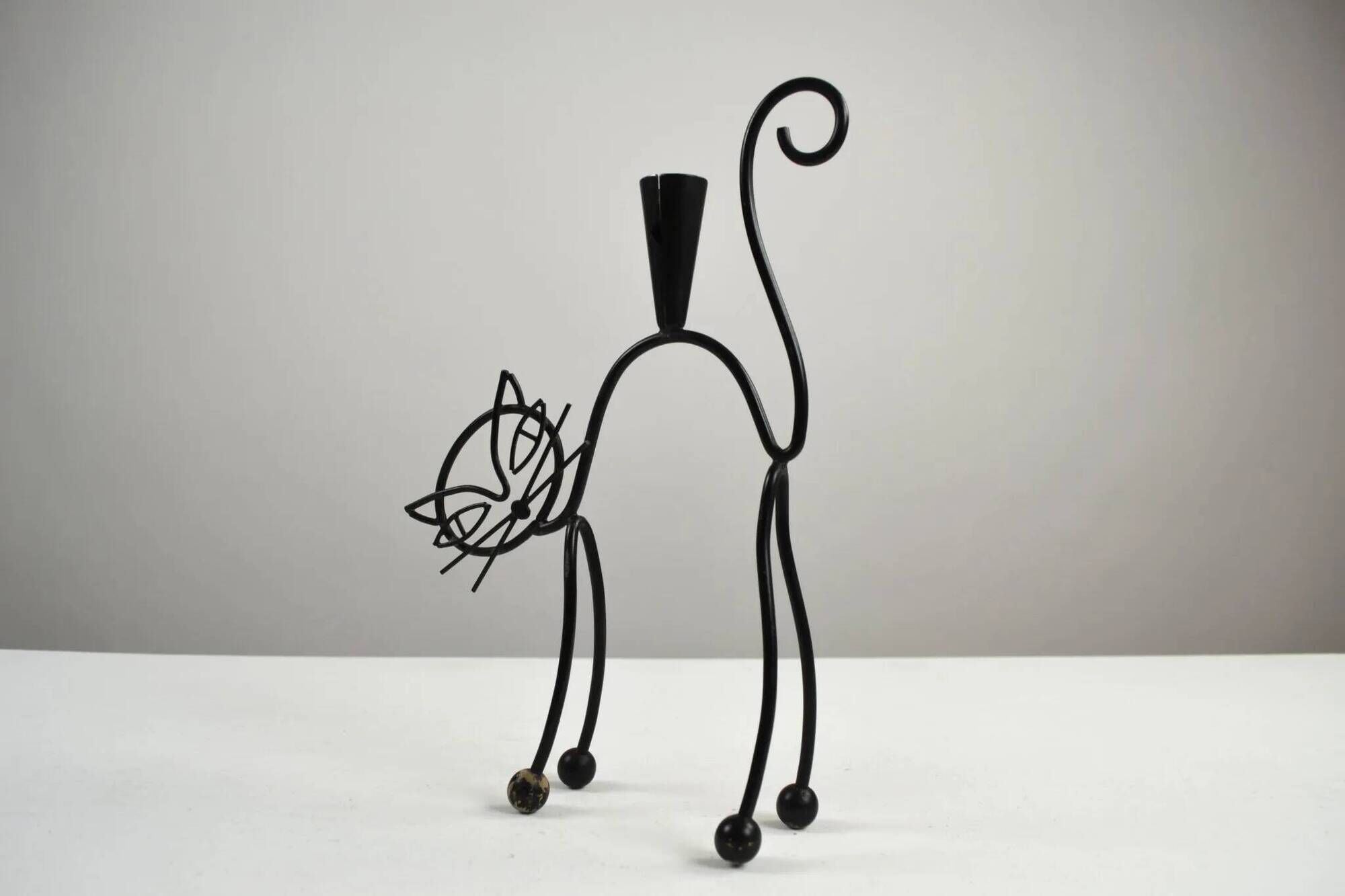 Black Painted Metal Cat Candle Holder by Gunnar Ander for Ystad-Metall, Sweden, 1950s–60s